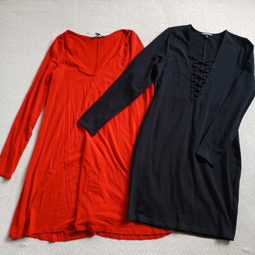 express ♡ 2 dresses medium long sleeve cotton holiday lace up minimal 90s chic